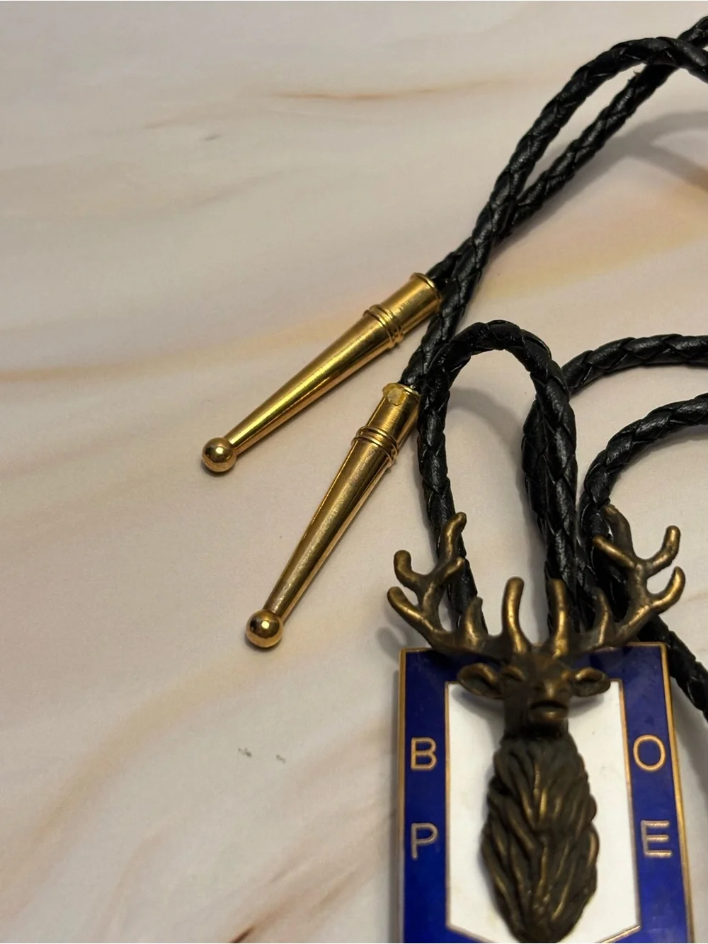 Vintage B.P.O.E. Brass Stag Bolo Tie with Blue & White Enamel Accent